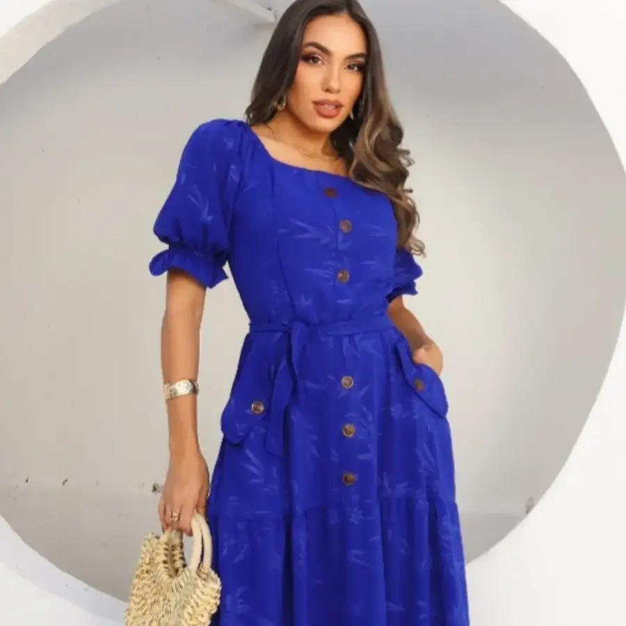 Vestido azul royal com botões e cinto